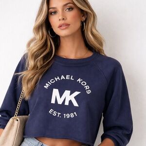 Michael Kors Navy Logo Sweatshirt Boxy Pullover Casual Luxe Off-Duty Style L